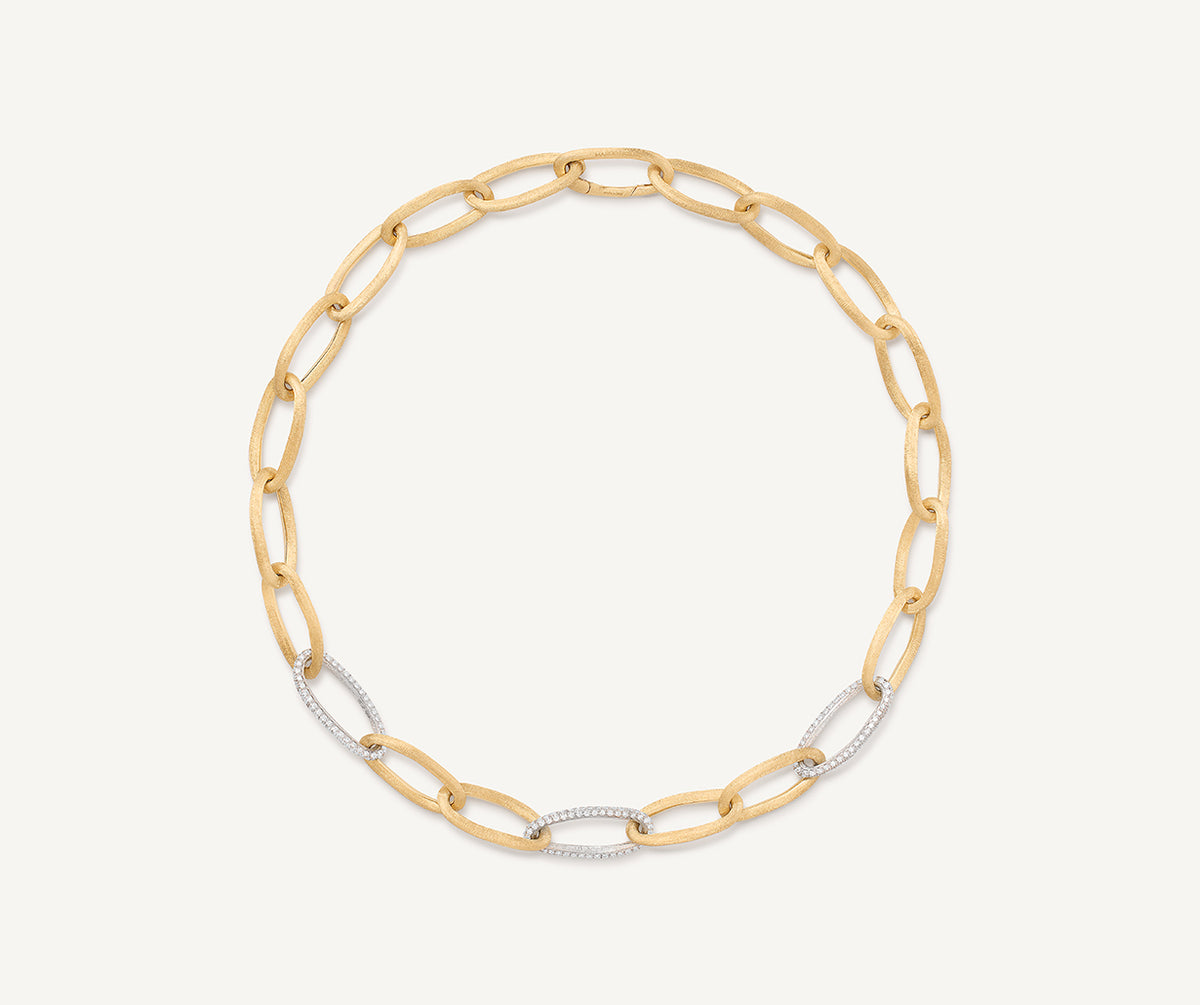 18kt yellow gold elongated link necklace with pavé diamond links