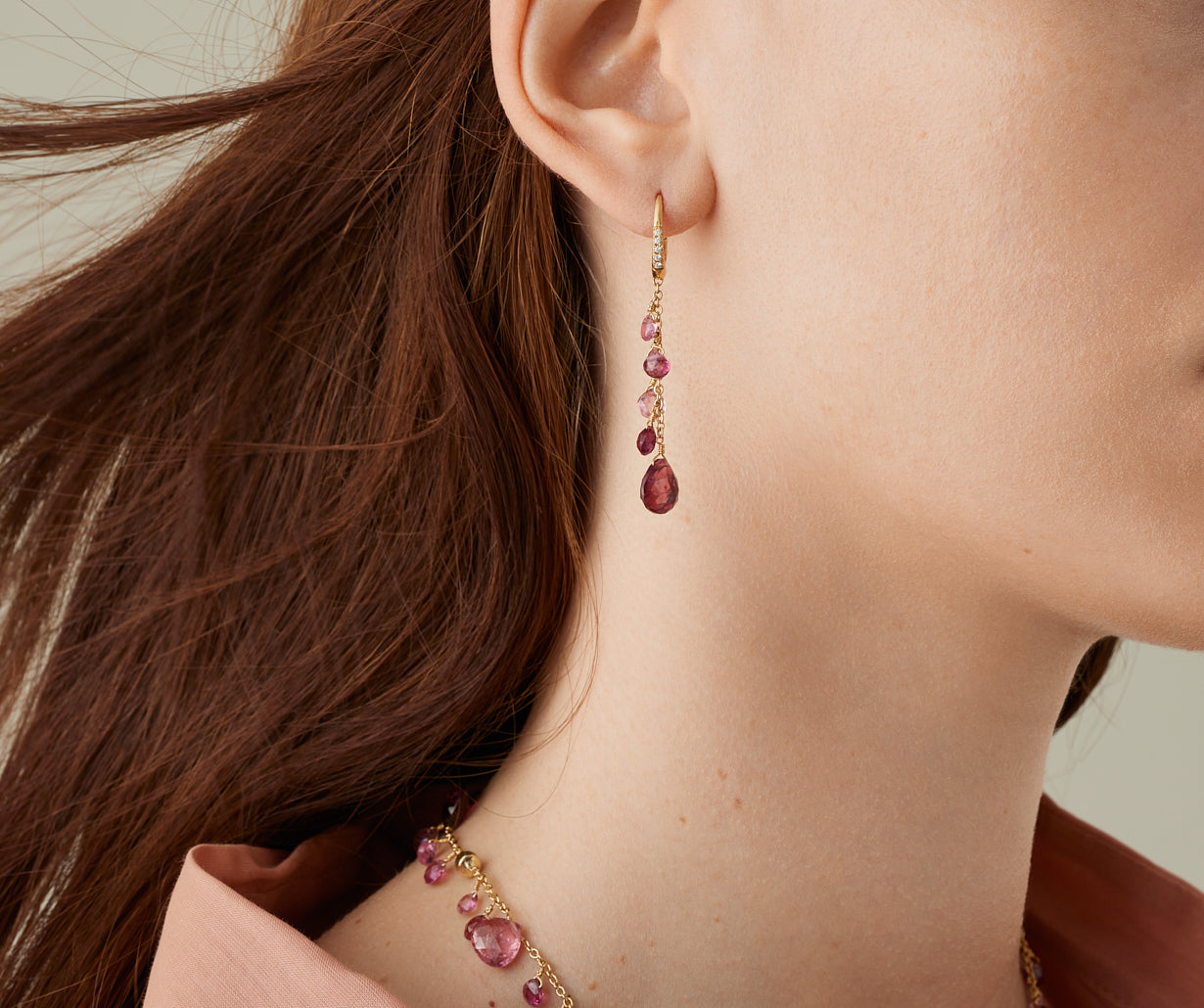 18K Yellow Gold Single-Strand Pink Tourmaline Earrings and Diamond