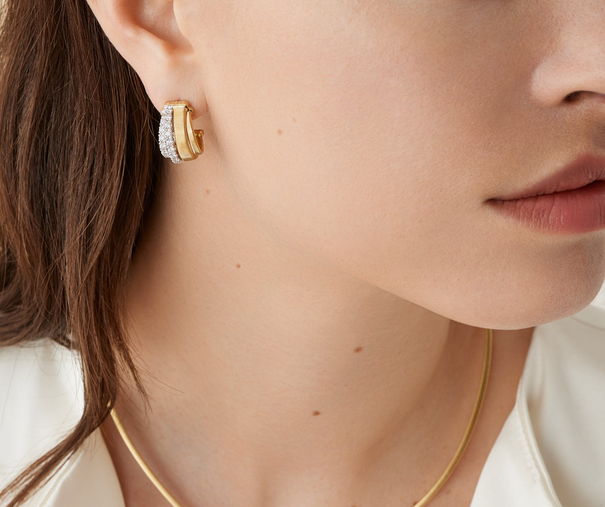 18K Yellow Gold Coil and 2 Row Diamond Huggie Earrings
