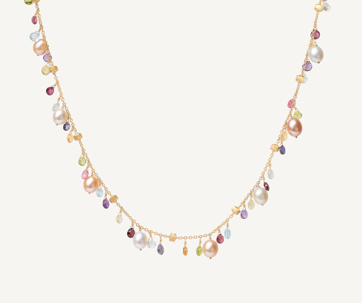 Gold necklace with pearls and multicoloured gemstones