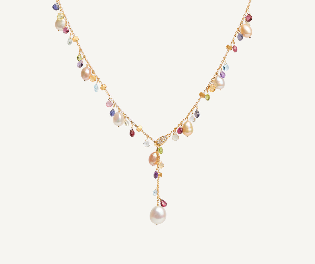 Pearls and mixed gemstone 18kt yellow gold lariat necklace – Marco